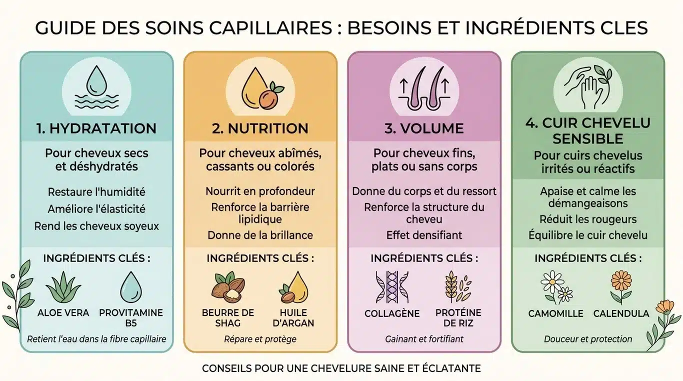 Infographie récapitulative des ingrédients clés selon les besoins capillaires