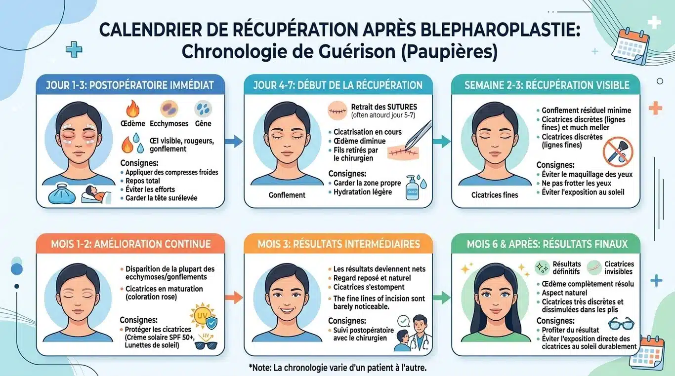 Infographie du calendrier de récupération après une blépharoplastie