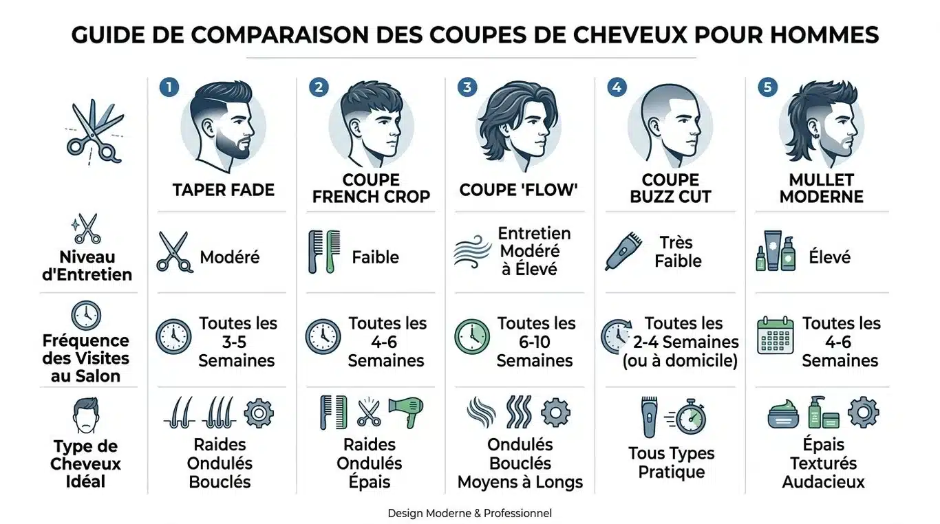 Infographie comparative des coupes de cheveux homme tendance : entretien, fréquence et type de cheveux.