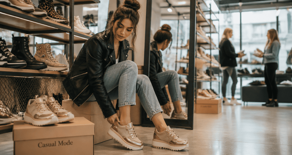 casualmode femme essaie chaussures tendance boutique