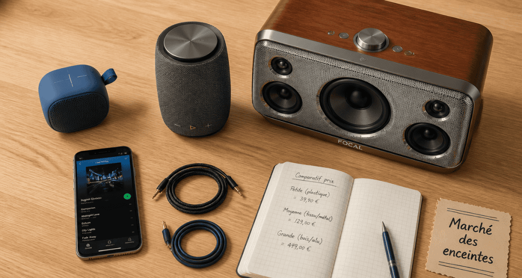 Trois enceintes et accessoires sur bureau, enceinte prix