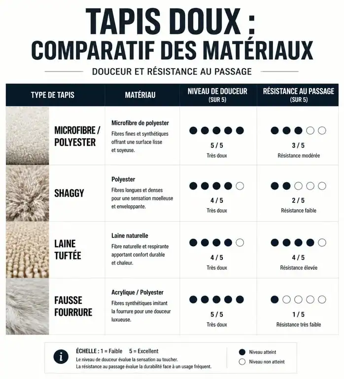 Infographie comparative des matériaux pour tapis doux : microfibre, shaggy, laine et fausse fourrure.