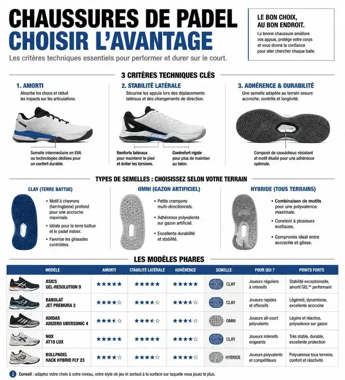 Infographie comparative des meilleures chaussures de padel : critères de choix et technologies