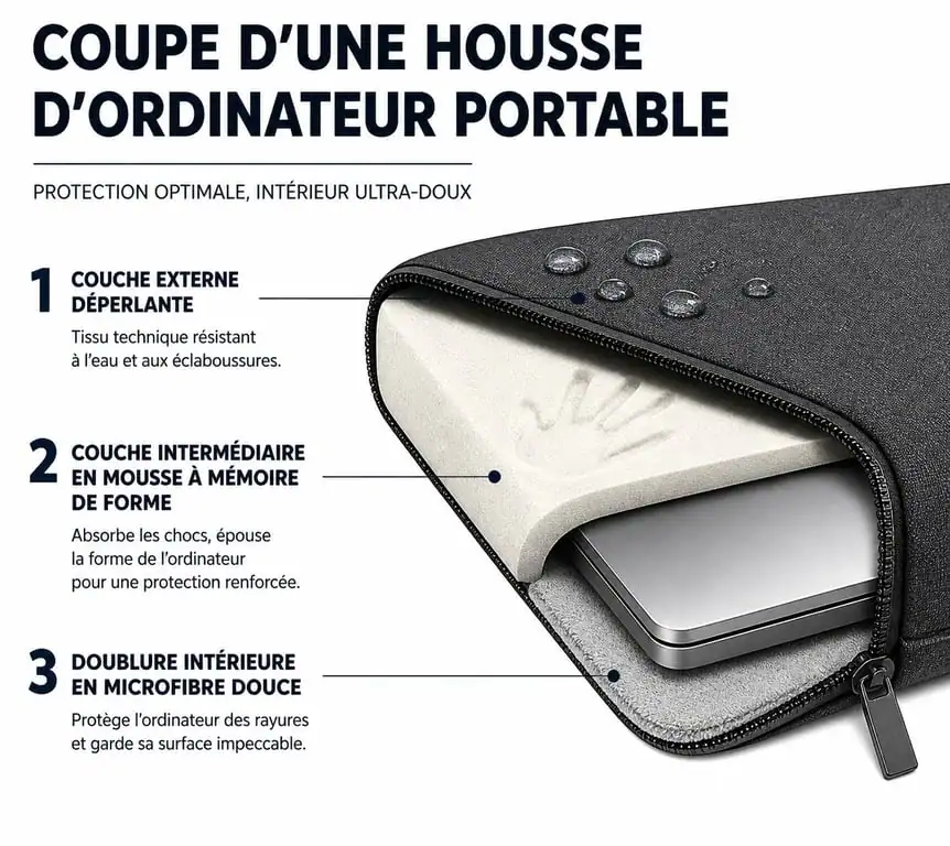 Schéma technique des couches de protection d'une housse pour ordinateur portable