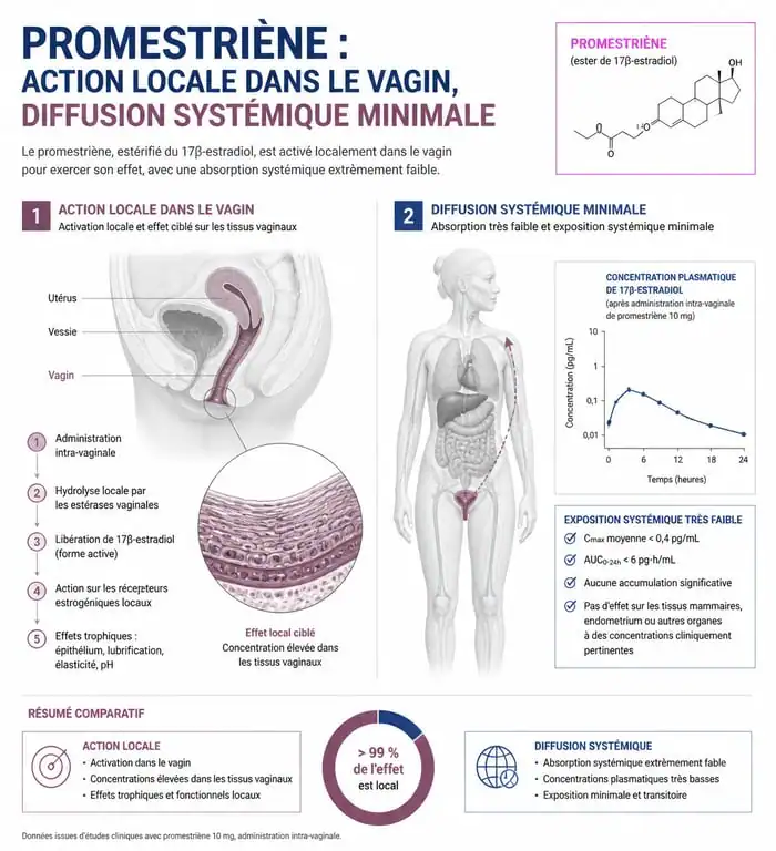 Schéma explicatif de l'action locale de la Colpotrophine pour le traitement de l'atrophie vaginale