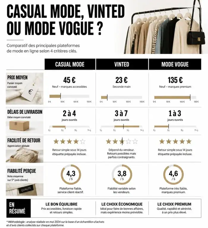 Infographie comparative des enseignes de mode Casual Mode, Vinted et Mode Vogue