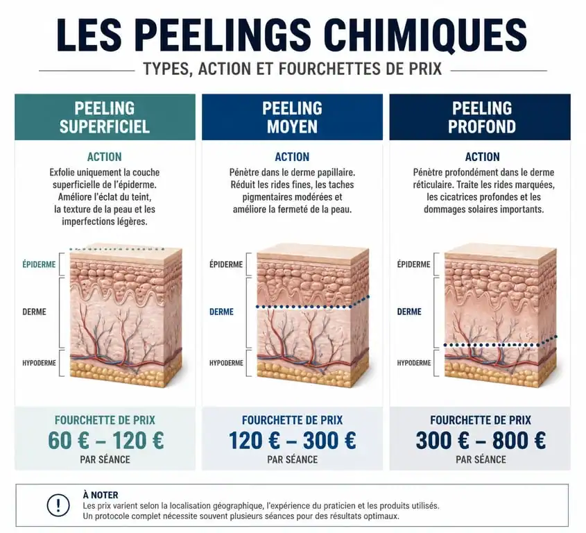 Infographie comparative des prix des peelings visage superficiel, moyen et profond