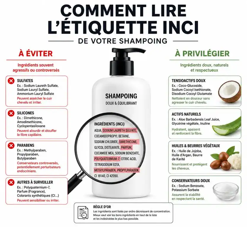 Infographie explicative pour choisir le meilleur shampoing sans sulfate sans silicone sans paraben en lisant les étiquettes INCI