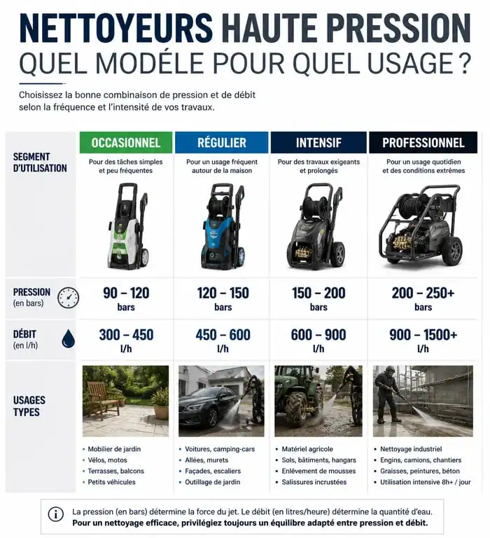 Infographie comparative des nettoyeurs haute pression par usage, pression et débit