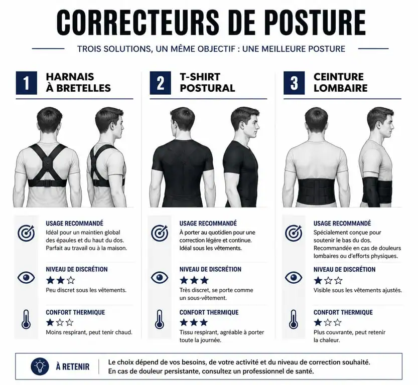 Comparatif visuel des différents types de correcteurs de posture pour choisir le meilleur correcteur de posture adapté à vos besoins