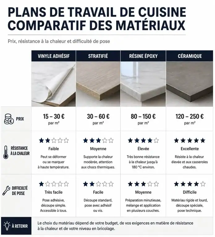 Comparatif des matériaux pour revêtement de plan de travail cuisine