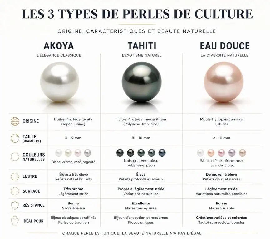Comparatif des types de perles de culture pour bracelet : Akoya, Tahiti et Eau Douce