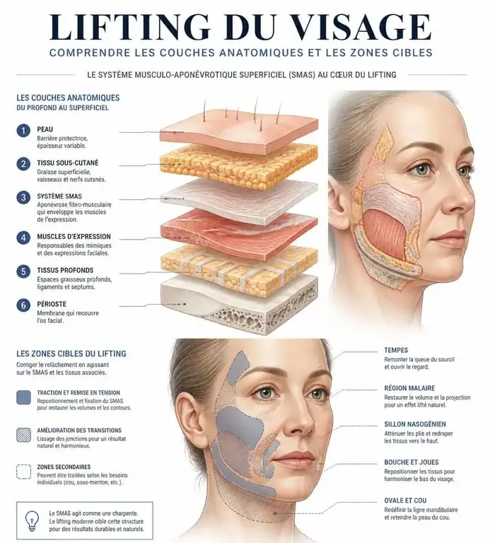 Schéma anatomique des couches du visage pour comprendre le lifting visage avant après
