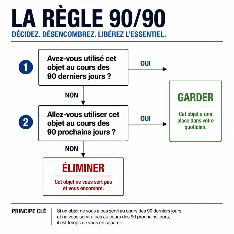 Infographie de la règle 90/90 Stootie Media Conseils pour le désencombrement et l'organisation