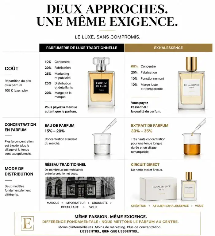 Infographie comparative : Parfumerie de luxe vs Exhalessence parfum