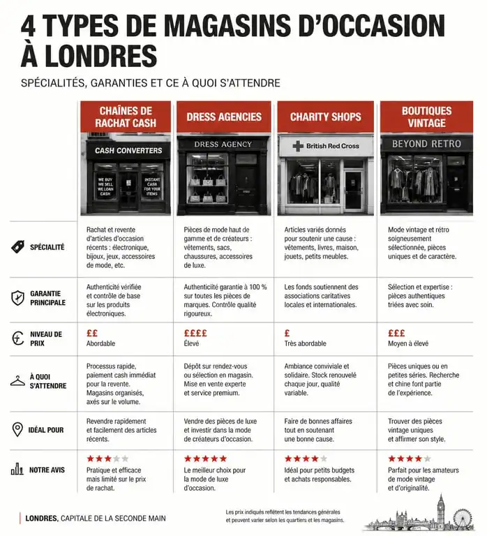 Infographie comparative des types de magasins d'occasion à Londres