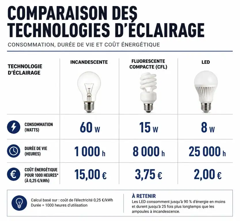 Comparatif des ampoules économiques : LED, fluocompacte et incandescente