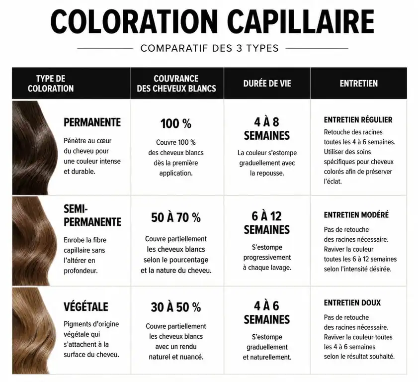 Infographie comparative des types de coloration pour choisir la meilleure coloration cheveux