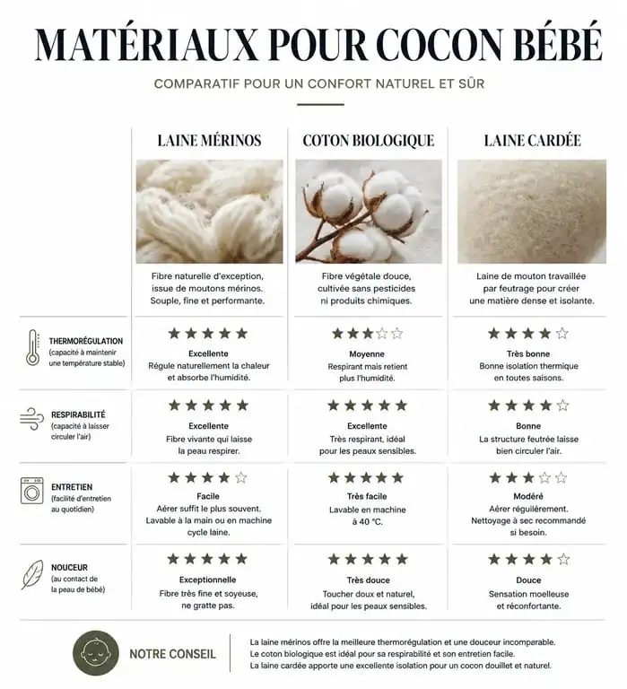 Infographie comparative des matériaux pour cocon bébé : laine mérinos, coton biologique et laine cardée