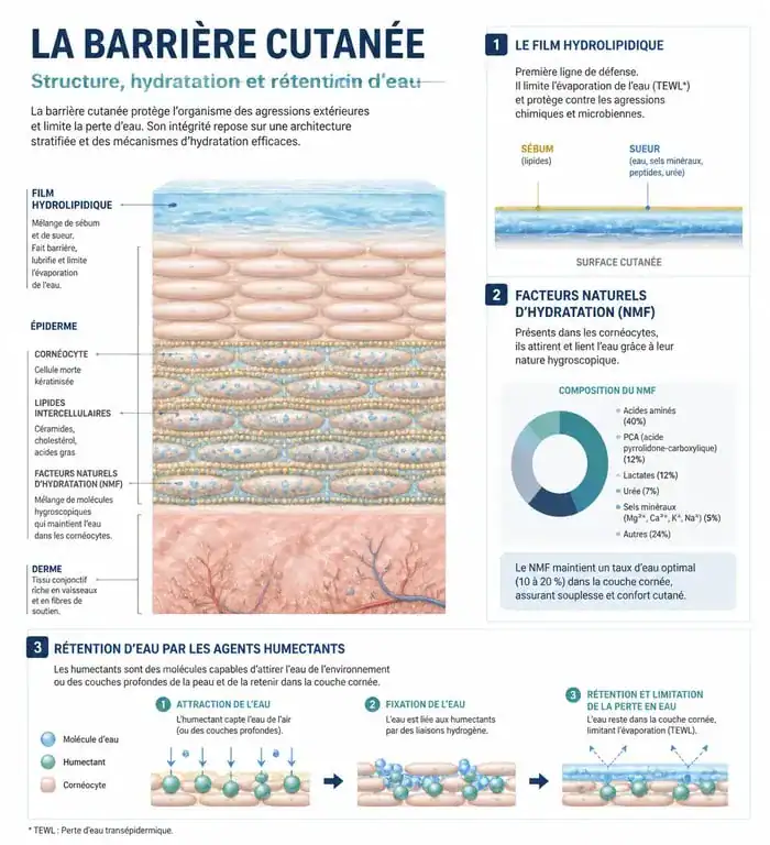 Infographie explicative sur le mécanisme d'hydratation de la peau et le rôle des actifs pour savoir comment hydrater sa peau efficacement
