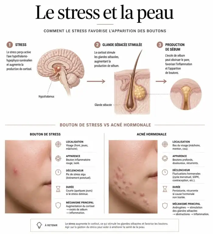 Infographie explicative sur le mécanisme des boutons de stress sur le visage et comparaison avec l'acné hormonale.