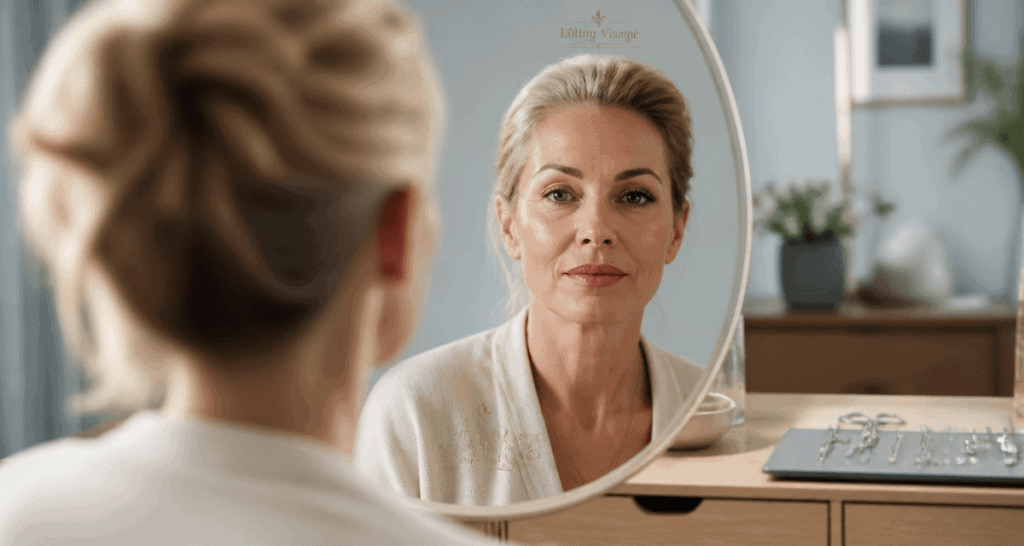 lifting visage avant après femme mature miroir