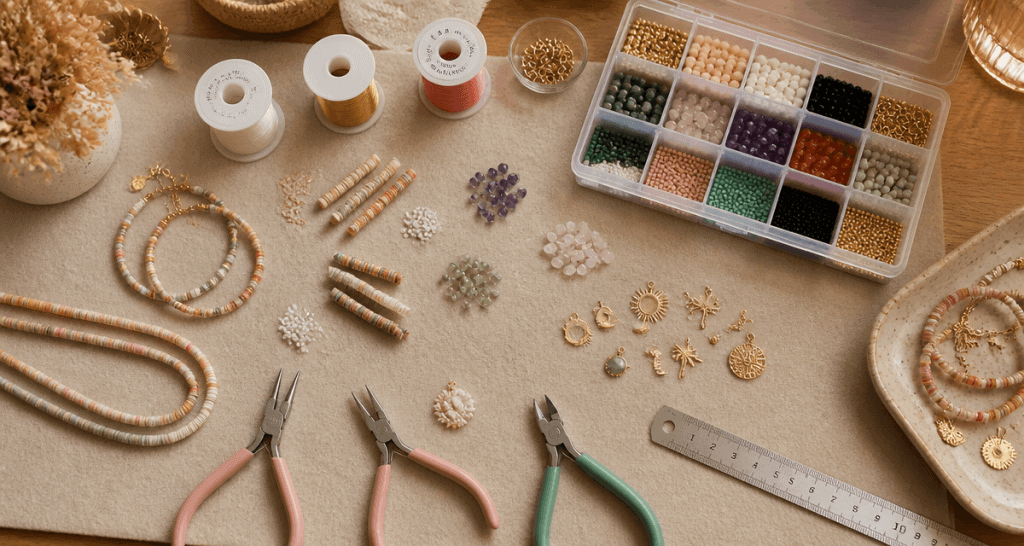 materiel pour creation bijoux sur tapis atelier