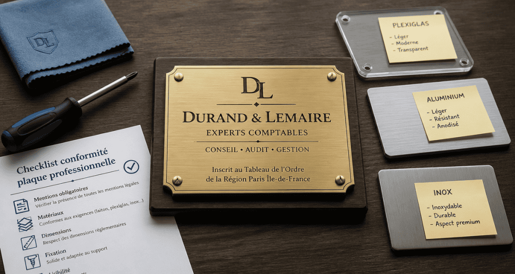 Plaque profession libérale sur bureau avec matériaux