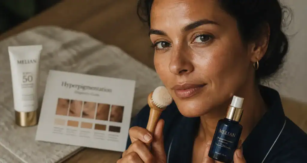 Comment enlever les taches brunes sur le visage : femme sérum et SPF, peau avec taches brunes