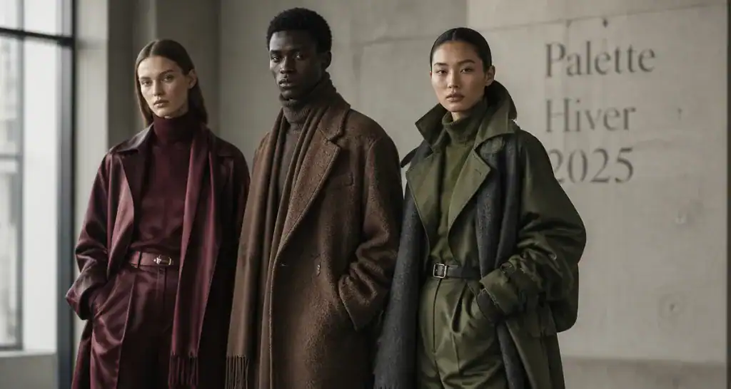couleurs mode hiver 2025 manteaux bordeaux marron vert gris