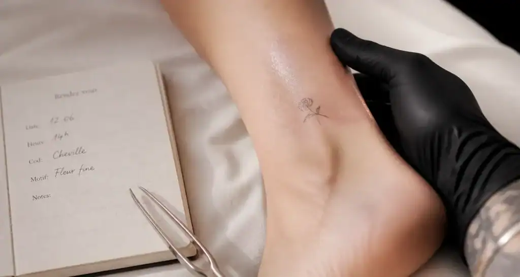 Discret tatouage cheville femme, lignes fine line minimalistes