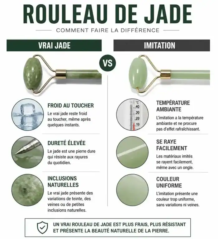 Infographie comparative pour reconnaître un vrai rouleau de jade authentique par rapport à une imitation.