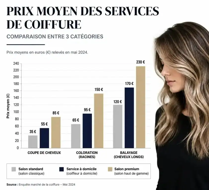 Infographie comparative des tarifs coiffure 2025 en salon et à domicile