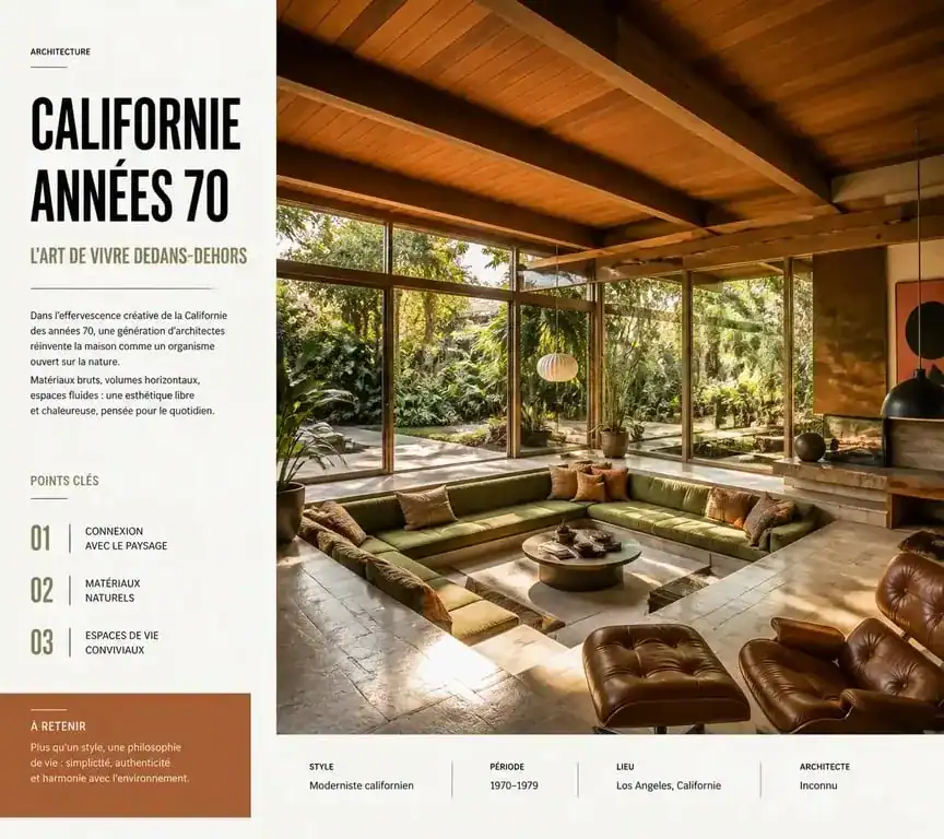 Intérieur d'une maison californienne des années 70 avec salon ouvert et baies vitrées