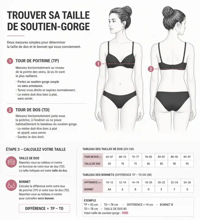 Infographie montrant comment mesurer son tour de poitrine pour trouver sa taille de soutien-gorge 90A