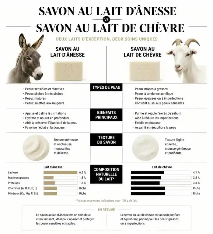 Comparatif des bienfaits du savon au lait d'ânesse pour le visage par rapport au lait de chèvre