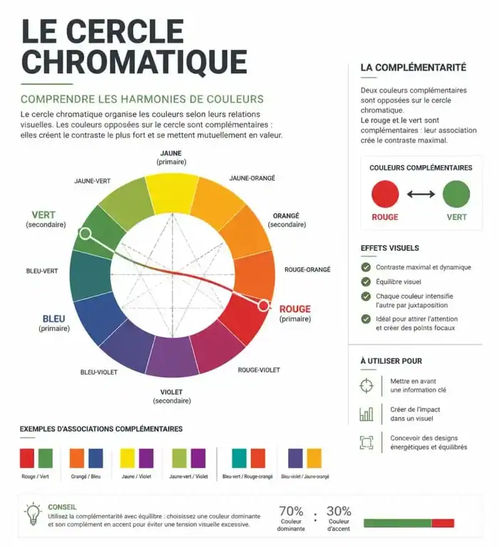 Infographie sur la colorimétrie capillaire expliquant comment neutraliser les reflets rouges des cheveux avec des pigments verts.