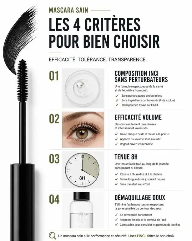 Infographie des critères de sélection pour le meilleur mascara selon 60 Millions de consommateurs