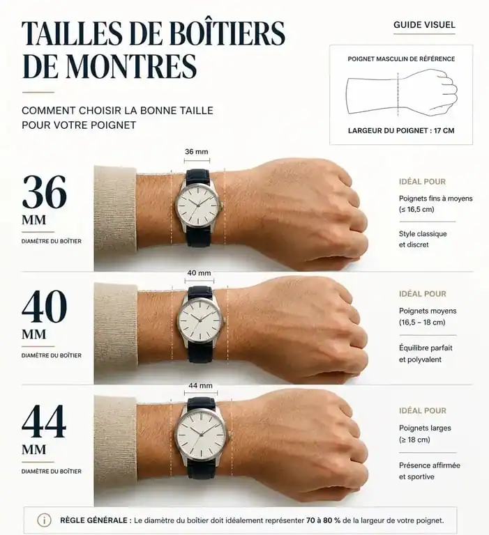Guide visuel des tailles de boîtiers pour choisir sa belle montre homme selon la morphologie du poignet