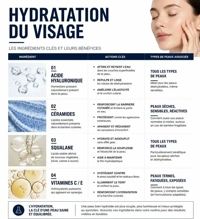 Infographie des meilleurs ingrédients pour une crème hydratante visage efficace