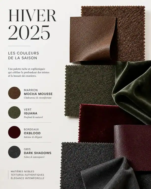 Palette des couleurs mode hiver 2025 : Mocha Mousse, vert Iguana, bordeaux Oxblood et gris Dark Shadows