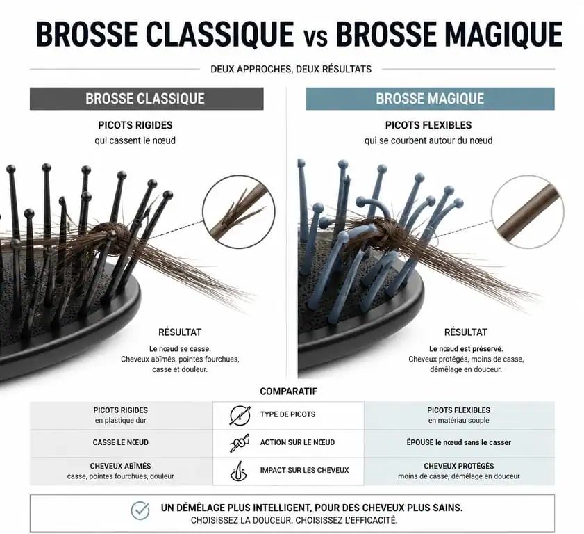 Schéma comparatif du fonctionnement d'une brosse magique par rapport à une brosse classique pour éviter la casse des cheveux.