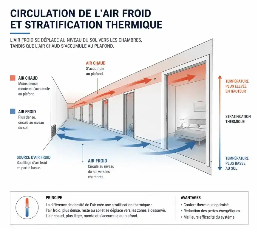 Schéma de circulation d'air froid dans un couloir pour refroidir les chambres