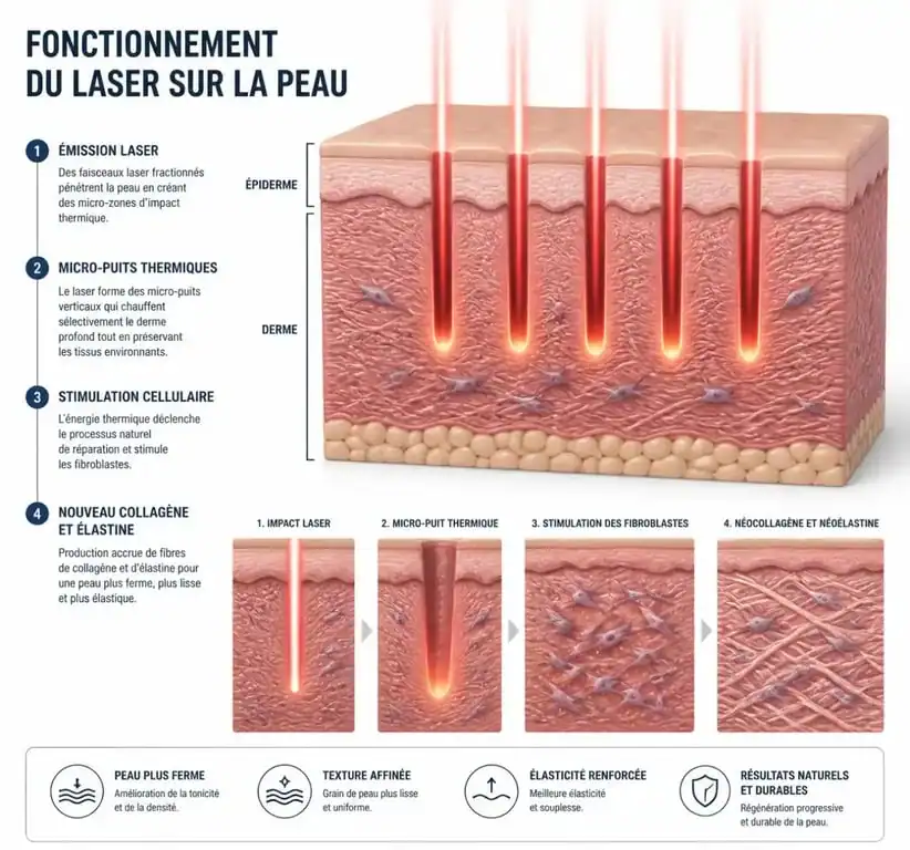 Schéma explicatif du fonctionnement du laser rides visage pour la stimulation du collagène