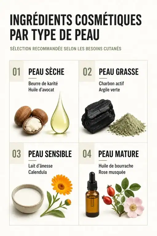 Infographie des meilleurs ingrédients de savon pour le visage selon le type de peau