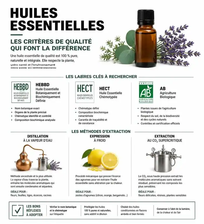 Infographie des critères de qualité et labels pour choisir les meilleures marques d'huiles essentielles