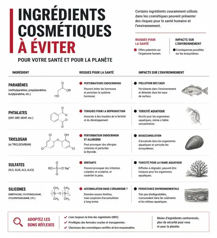 Infographie des ingrédients de shampoing à éviter pour la santé et l'environnement