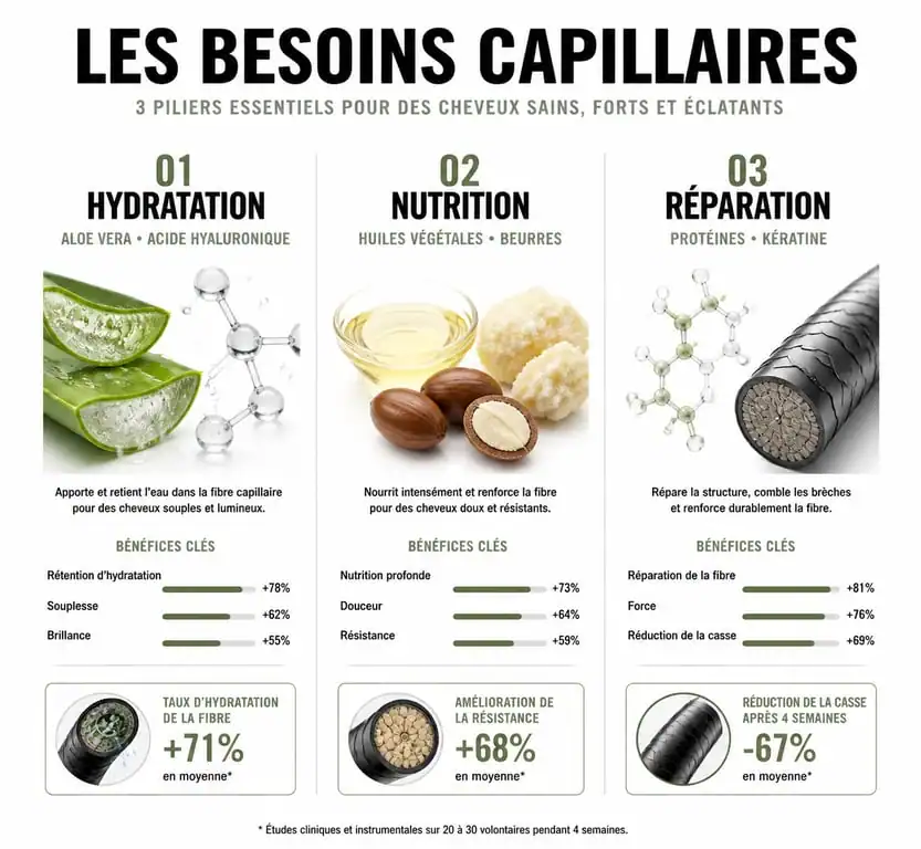 Infographie sur les meilleurs actifs pour masque cheveux selon le besoin : hydratation, nutrition ou réparation.