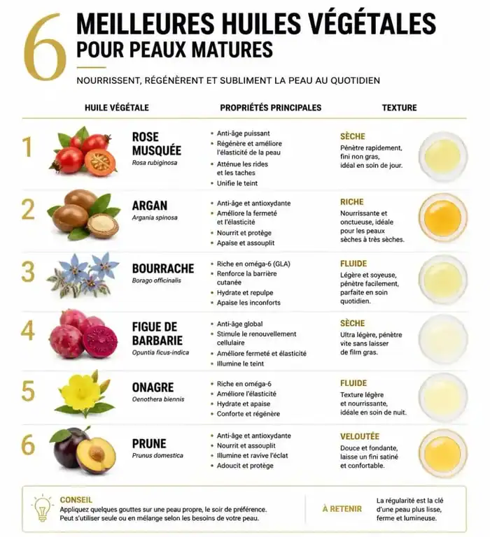 Infographie comparative des meilleures huiles visage pour peau mature : propriétés et bienfaits