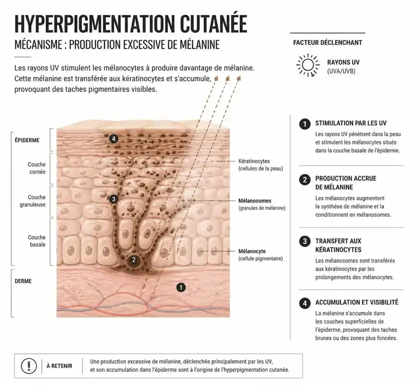 Schéma explicatif du mécanisme de formation des taches brunes sur le visage et de l'hyperpigmentation cutanée